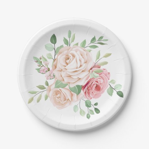 Elegant Floral Blush Pink Flowers Watercolor Roses Paper Plates