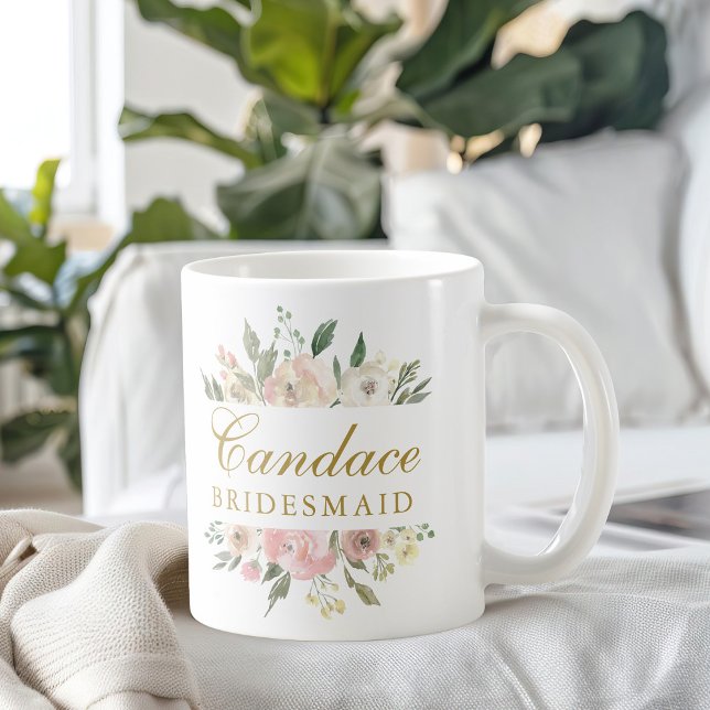 Elegant Floral Blush Pink Gold Bridesmaid Monogram Coffee Mug (Creator Uploaded)
