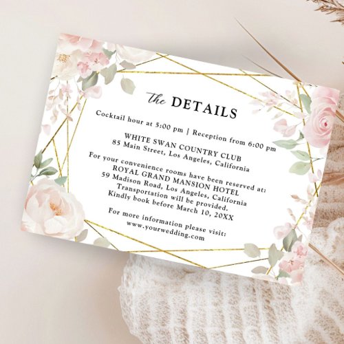 Elegant Floral Blush Pink Gold Chic Wedding Detail Enclosure Card