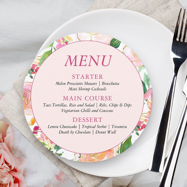 Elegant Floral Blush Pink Gold Flowery Menu (Pretty menu from my Floral Chic Quinceanera Collection
)