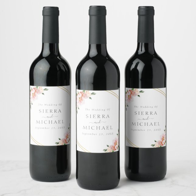 Elegant Floral Blush Pink Gold Geometric Wedding Wine Label (Bottles)
