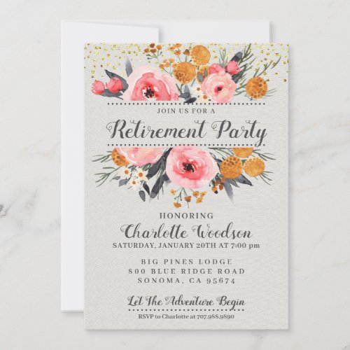 Elegant Floral Blush Pink Gold Retirement Party In Invitation