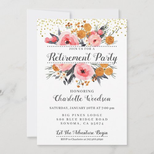 Elegant Floral Blush Pink Gold Retirement Party Invitation