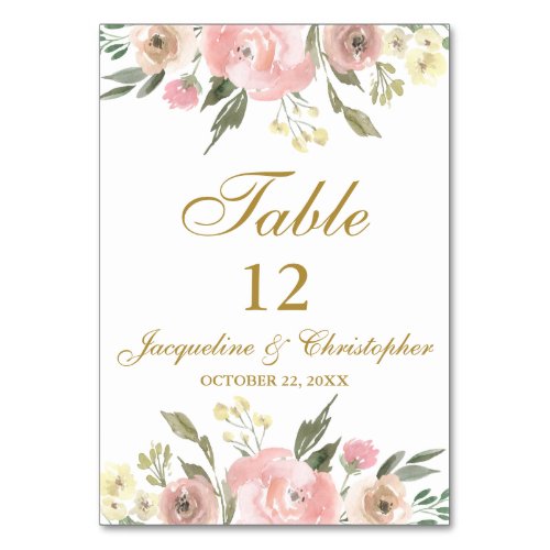 Elegant Floral Blush Pink Gold Script Table Number