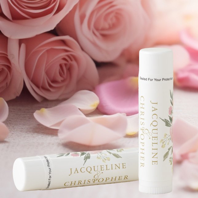 Elegant Floral Blush Pink Gold Script Wedding Lip Balm (Creator Uploaded)
