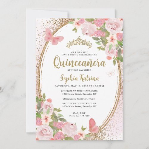 Elegant Floral Blush Pink Gold Tiara Quinceaera Invitation