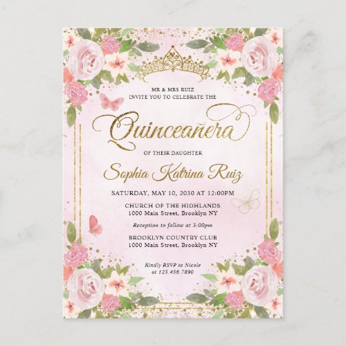 Elegant Floral Blush Pink Gold Tiara Quinceaera Postcard