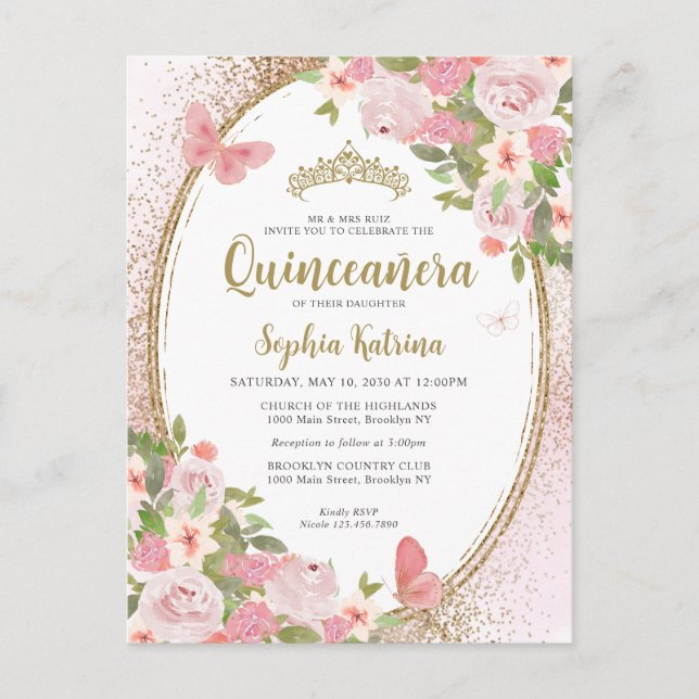 Elegant Floral Blush Pink Gold Tiara Quinceañera Postcard (Front)