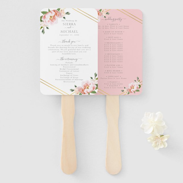 Elegant Floral Blush Pink Gold Wedding Program Hand Fan (Front and Back)
