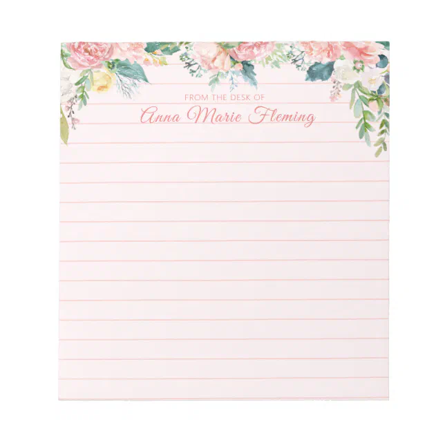 Elegant Floral Blush Pink Name Lined Notepad | Zazzle