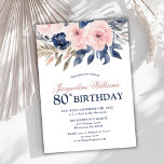 Elegant Floral Blush Pink Navy Blue 80th Birthday Invitation<br><div class="desc">Make your birthday celebration unforgettable with this sophisticated invitation. The design features beautiful blush pink and navy peony flowers,  making it both stylish and charming. Use the design tools to personalize the text,  font and colors. Also available as digital download.</div>