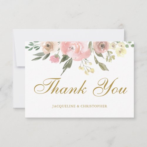 Elegant Floral Blush Pink Peony Gold Wedding Thank You Card