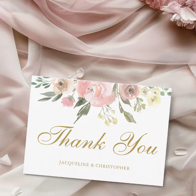 Elegant Floral Blush Pink Peony Gold Wedding Thank You Card | Zazzle