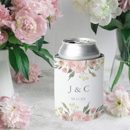 Elegant Floral Blush Pink Peony Monogram Wedding Can Cooler