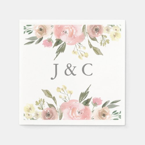 Elegant Floral Blush Pink Peony Monogram Wedding Napkins