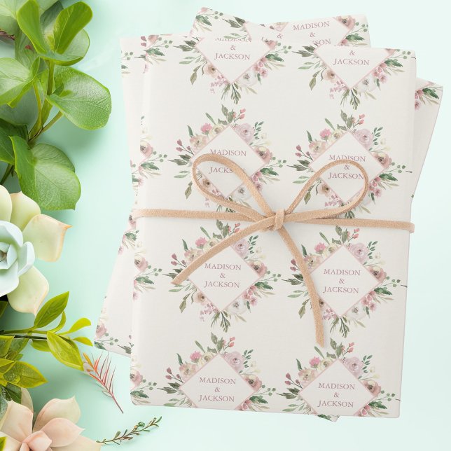 Elegant Floral Blush Pink Peony Monogram Wedding Wrapping Paper Sheets (Creator Uploaded)