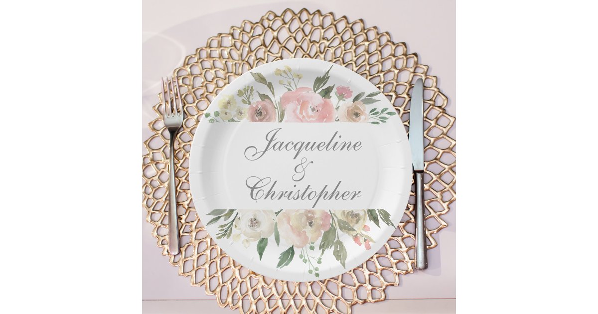Elegant Floral Blush Pink Peony Sage Leaf Wedding Paper Plates | Zazzle