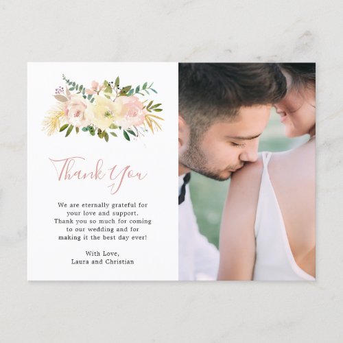 Elegant Floral Blush Pink Photo Wedding Thank You Postcard