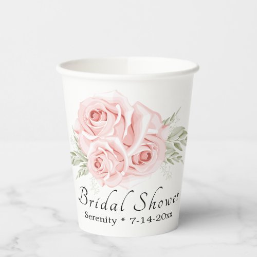 Elegant Floral Blush Pink Rose Bridal Shower Paper Cups