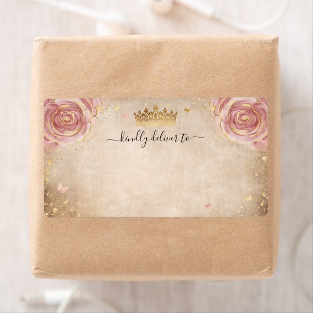 Elegant Floral Blush Pink Rose Gold Crown Shipping Label (Insitu)