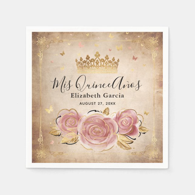 Elegant Floral Blush Pink Rose Gold Quinceanera Napkins (Front)