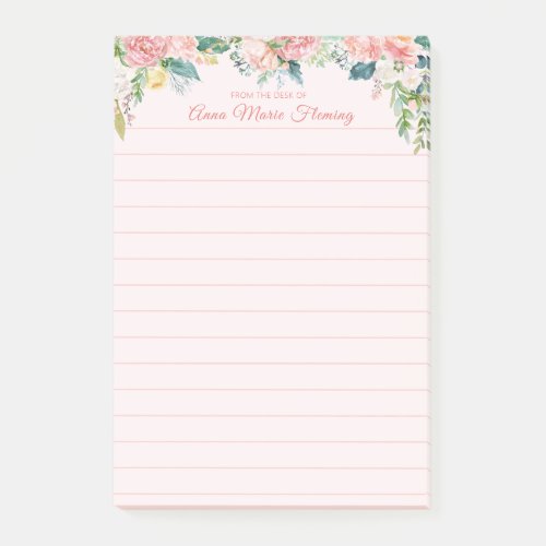 Elegant Floral Blush Pink Rose Peony Lined Name Post_it Notes