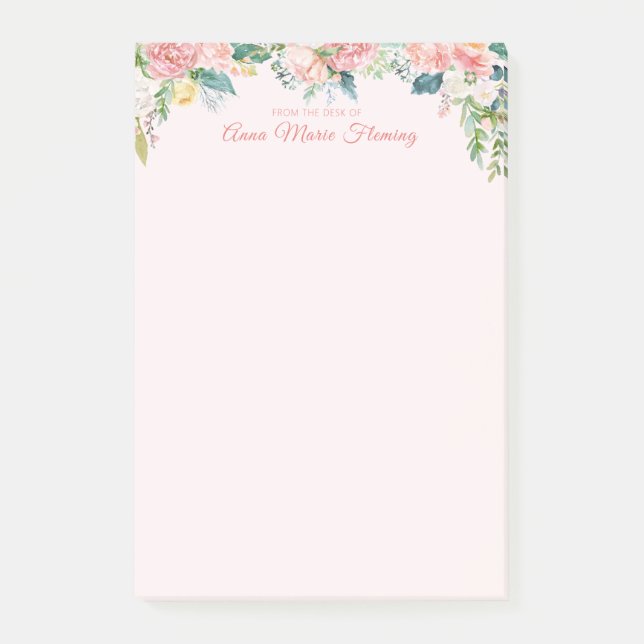 Elegant Floral Blush Pink Rose Peony Name Post-it Notes (Front)