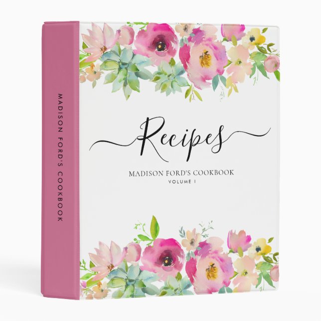 Elegant Floral Blush Pink Succulent Kitchen Recipe Mini Binder (Front/Spine)