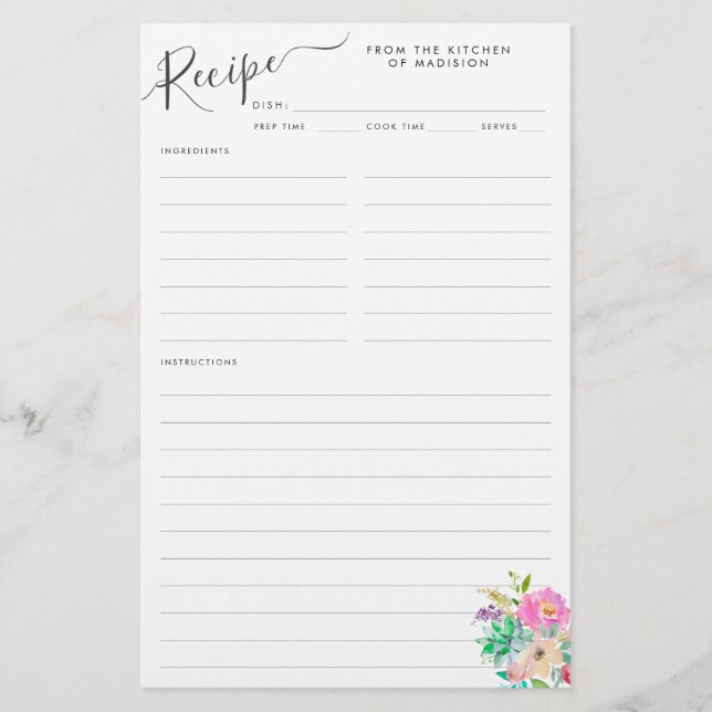 Elegant Floral Blush Pink Succulent Recipe Card (Front)
