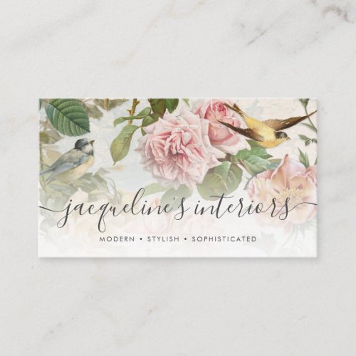 Elegant Floral Blush Pink Vintage Birds Roses Busi Business Card
