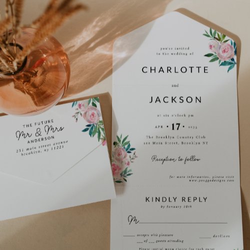 Elegant Floral Blush Pink Watercolor RSVP Wedding All In One Invitation