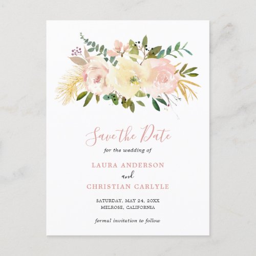 Elegant Floral Blush Pink Wedding Save the Date Announcement Postcard