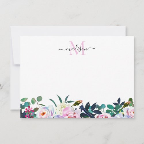 Elegant Floral Blush Pink White Peony Monogram Note Card