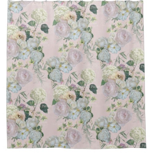 Elegant Floral Blush Pink White Peony n Greenery  Shower Curtain