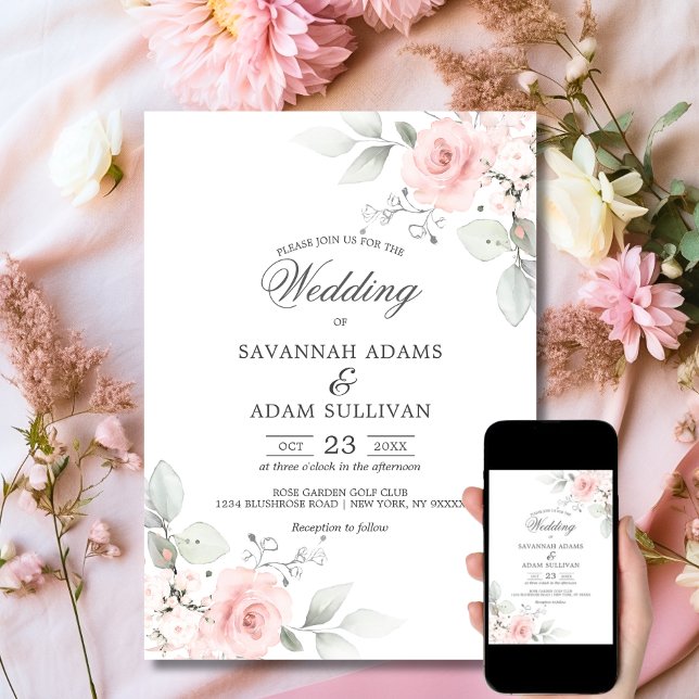 Elegant Floral Blush Rose Pink Botanical  Invitation (Elegant Floral Blush Rose Pink Botanical Invitation Set | Matching Invitation Suite)