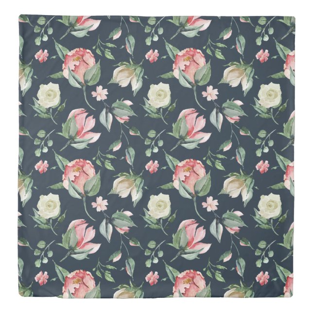 elegant floral blush roses navy blue duvet cover (Front)