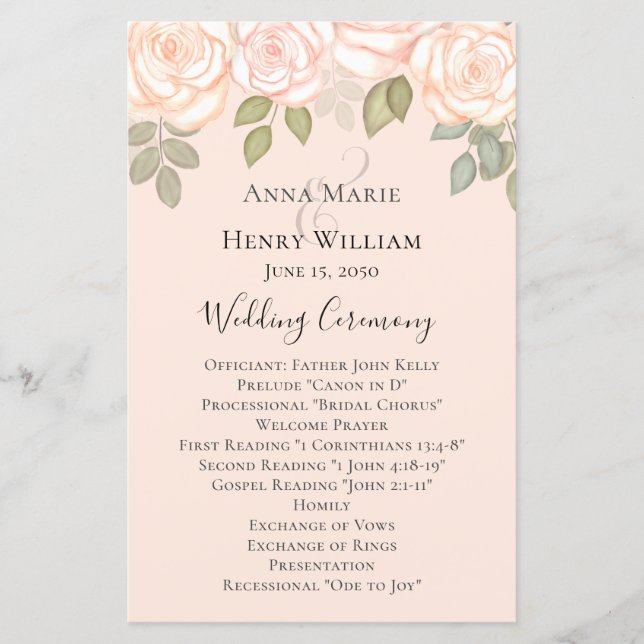 Elegant Floral Blush Roses Simple Wedding Program (Front)