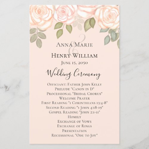 Elegant Floral Blush Roses Simple Wedding Program