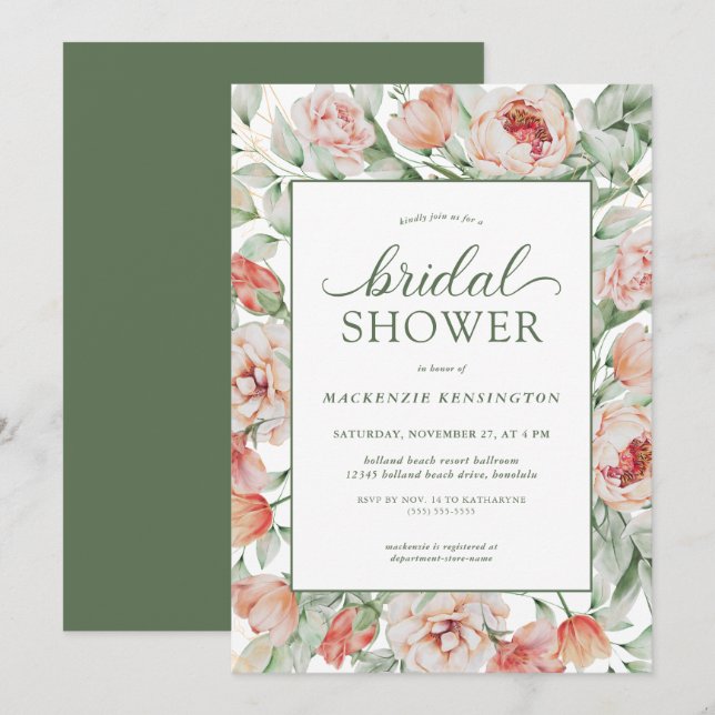 Elegant Floral Blush Sage Green Bridal Shower Invitation (Front/Back)