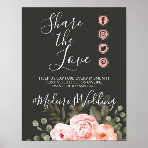 Elegant Floral Blush Wedding Hashtag Photo Sign