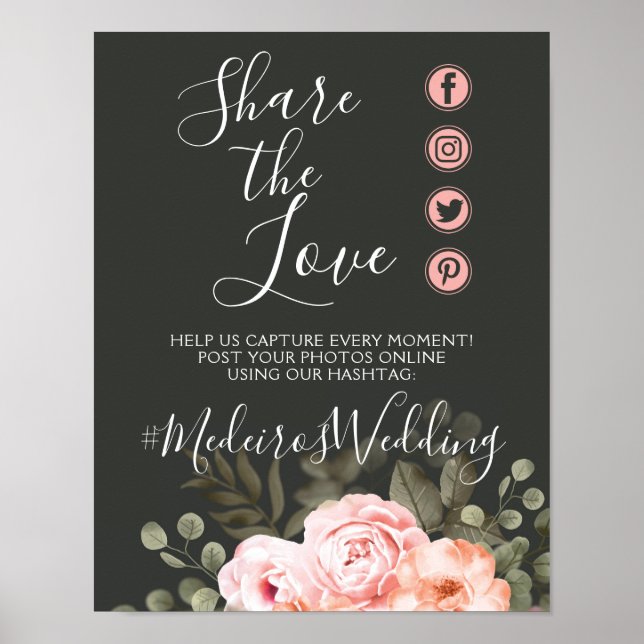 Elegant Floral Blush Wedding Hashtag Photo Sign (Front)