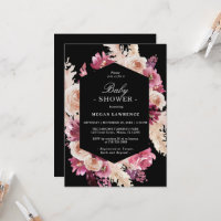 Elegant Floral Boho Baby Shower Black Invitation