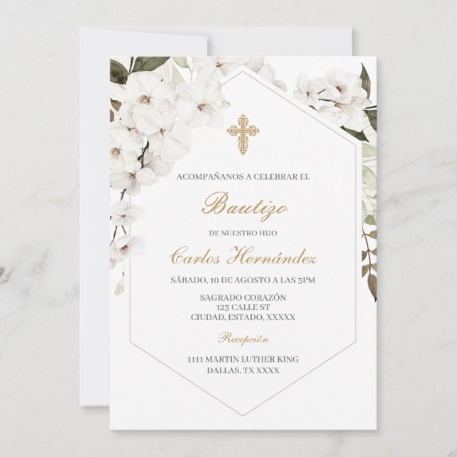 Elegant floral boho Baptism Spanish Invitation (Front)