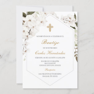 Elegant floral boho Baptism Spanish Invitation