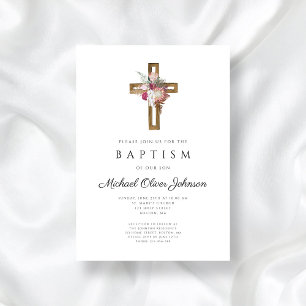 Elegant Floral Boho Cross Baptism Invitation