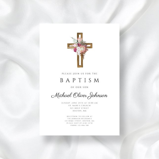 Elegant Floral Boho Cross Baptism  Invitation (Elegant Floral Boho Cross Baptism Invitation)
