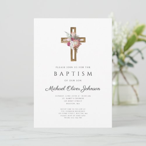 Elegant Floral Boho Cross Baptism  Invitation