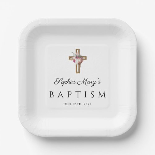 Elegant Floral Boho Cross Baptism Paper Plates