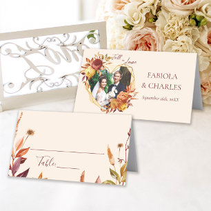 Elegant Floral Boho Fall in Love Photo Wedding Place Card