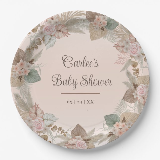 Elegant Floral Boho Gender Neutral Baby Shower Paper Plates (Front)